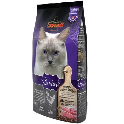 LEONARDO Senior Katzenfutter 7,5kg - Trockenfutter für ältere Katzen ab 10 Jahren, mit reduziertem Energiegehalt und 30% frischem Geflügel für optimale Nährstoffversorgung und Geschmack.