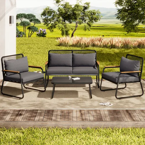 okwish Gartenlounge-Set, Loungeset, Gartenmöbel Sitzgruppe Balkonmöbel-Set, Sofa-Tisch-Set , Tischplatte aus gehärtetem Glas, verstellbare Beine, mit Sitz- und Rückenkissen, schwarz