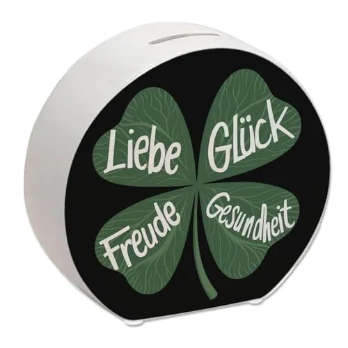 Kleeblatt Spardose mit Guten Wünschen Lustiges Sparschwein für Glücksmomente schöner Spruch Motivation Schule Arbeit