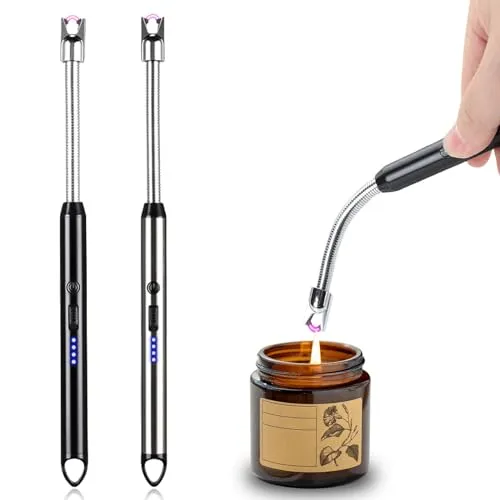2er Set Stabfeuerzeug, Elektrisch Feuerzeug mit Lichtbogen, USB Aufladbar, Plasma Kerzenanzünder, Langes Feuerzeug für Kerzen, Grill, Camping, Kamin (Black + Silver)