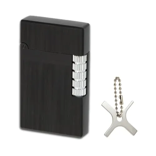 Feuerzeug | Farbe: Schwarz (Gebürstet) | Stand Flamme | Reibrad | Set Edles Desgin Gas Marken Feuerzeug + Coumo Justier Werkzeug | Geschenkverpackung | Material: Metall