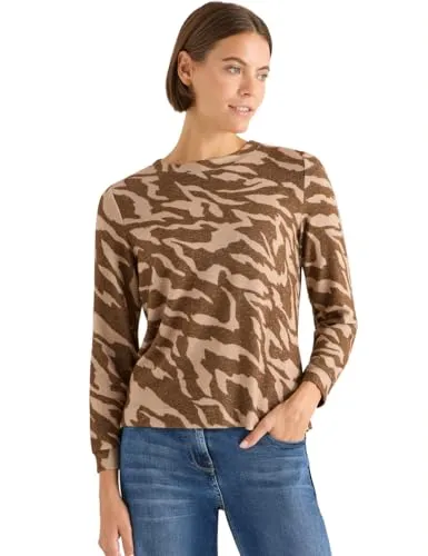 Damen Gemustertes Melange Shirt mit Animal Print - Kuscheliges Rundhalsshirt mit langen Ärmeln aus Viskosemix und Stretchanteil, ideal für lässige Outfits und hohen Tragekomfort.