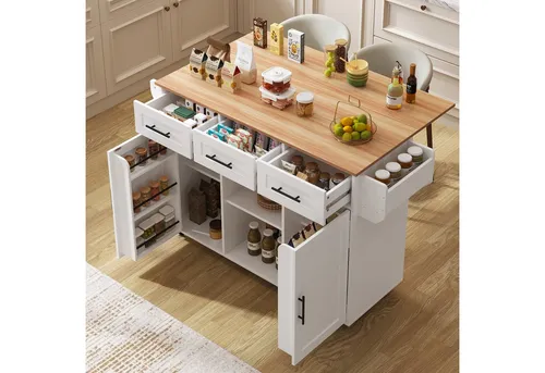 Flieks Küchenwagen mit erweiterbarer Arbeitsplatte, Rollen & Massivholzbeine austauschbar, (139x46(71)x91,5 cm, 1 St), Kücheninsel Buffetschrank Servierwagen mit verstellbare Ablagen