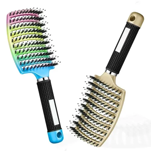 Haarbürste Haarstyling Bürste für Lange Feine Dicke Lockige Haare ohne Ziepen, Profi Entwirrungsbürste Griff, Wildschweinborsten detangler kinder entwirrburste damen herren entwirren (Gold+Regenbogen)