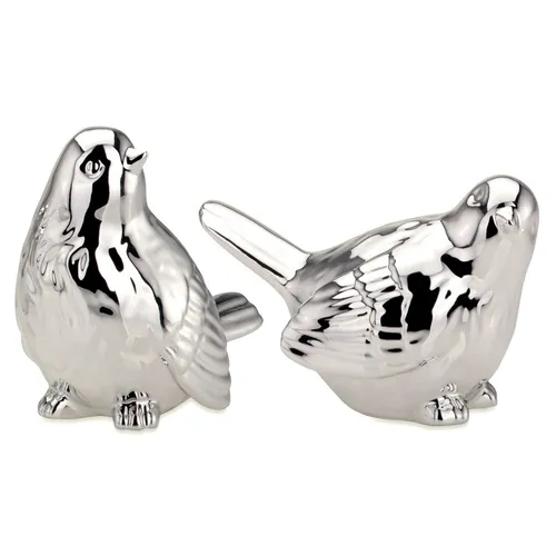 silberne glänzende Porzellan Deko Vögel Höhe 9.5 cm 2-teilig