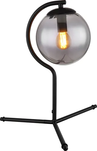 Moderne Tischleuchte mit Glas-Kugel, H 35 cm - Tischleuchte aus schwarzem Metall mit rauchfarbenem Glasschirm, ideal für stilvolle Schlafzimmer oder Beistelltische. E14 Fassung ermöglicht individuelle Lichtgestaltung.