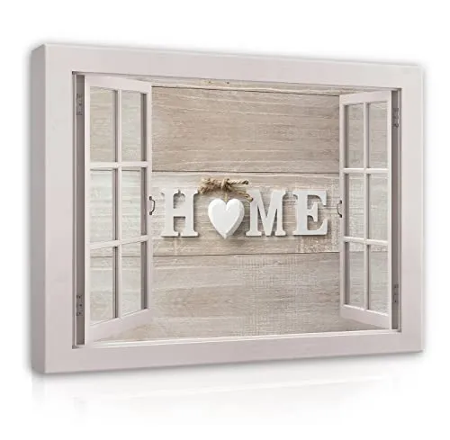 WallArena - Leinwand Bilder - Fensterbilck Fenster Herz Home Holzoptik - 120x80 cm Leinwandbilder - Bild auf leinwand Wandbild XXL groß Wandbilder für Wohnzimmer Schlafzimmer Wohnzimmerbilder Modern
