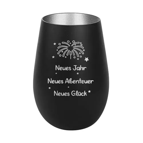 Der-Porzellan-Laden Windlicht mit Gravur Neues Jahr, Neues Abenteuer, Schwarz Silber, Teelichthalter Neujahr aus Glas, Silvesterdeko Tischdeko