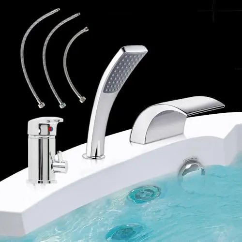 Melko Wannenrandarmatur 3-Loch Set - Elegante 3-Loch Badewannenarmatur mit Einhebelmischer und Handbrause – ideal für moderne Badezimmer und einfache Temperatursteuerung.