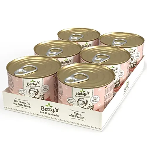 Betty's Landhausküche Dose Nassfutter Katze, getreidefrei, beste Qualität, hochwertiges Fleisch, schonend gegart, für alle Katzenrassen geeignet, Huhn und Lachs 6 x 200 g