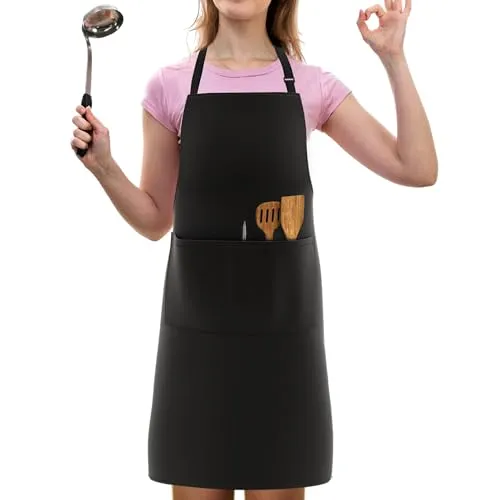 LEFUNDA® Kochschürze Wasserdicht Schürze mit 3 Taschen Verstellbare Grillschürze mit langen Bändern Küchenschürze für Männer Damen Küche Restaurant Café (1 x Schürze - Schwarz - Damen)