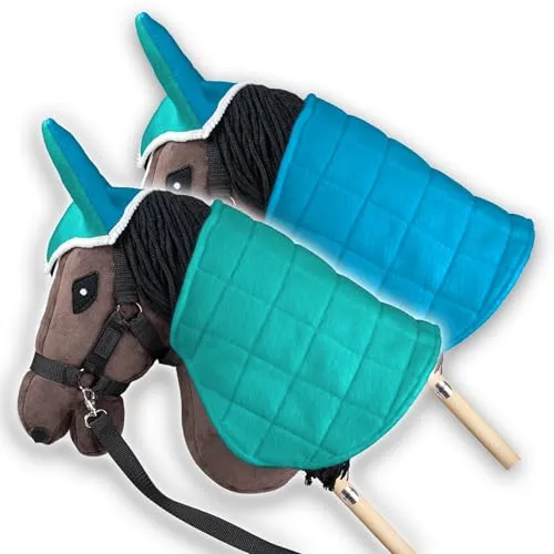 SKIPPI Wendbare Decke und Fliegenhaube für Hobby Horse – Mint und Blaue, Hobby Horse Zubehör, Zweifarbige Pferdedecke und Fliegenohren für Steckenpferd, für meisten Pferde A3 und A4