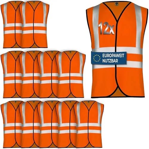 OMKA Warnweste Set – Sicherheitswesten Neonfarben mit 360° Reflexstreifen – Atmungsaktiv leicht & maschinenwaschbar – Auto Pannenweste für Kinder & Erwachsene mit Klettverschluss Neon Orange - XL