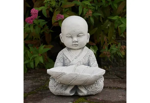 Gartenfigur Mönch mit Schale – 22 cm, Frostsicher - Figuren – Spirituelles Element für Ihren Garten, das fernöstlichen Charme und Anmut verbreitet. Ideal für eine harmonische Gartengestaltung.
