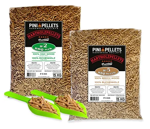 PINI Hartholz Pellets Eiche 15 Kg + Buche 15 Kg für Grill, Smoker, Pizzaofen und Heizungsanlagen