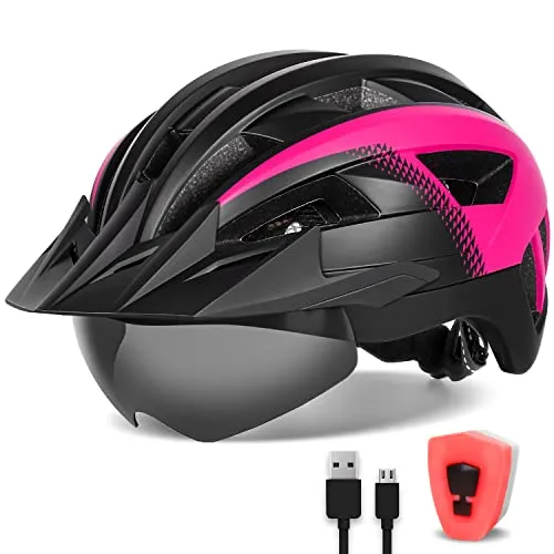 FUNWICT Fahrradhelm mit Visier und LED-Rücklicht, Leicht & Stylisch für Herren und Damen (M: 54-58 cm, Schwarz Rosa)