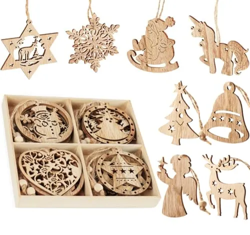 ilauke Weihnachtsbaumschmuck Holz Weihnachtsbaum Deko12tlg. Christbaumschmuck Handgemachte Weihnachtsdeko Anhänger für Weihnachten Weihnachtsbaum Schneemann Angel Einhorn Herz Glocken in Holz-Box