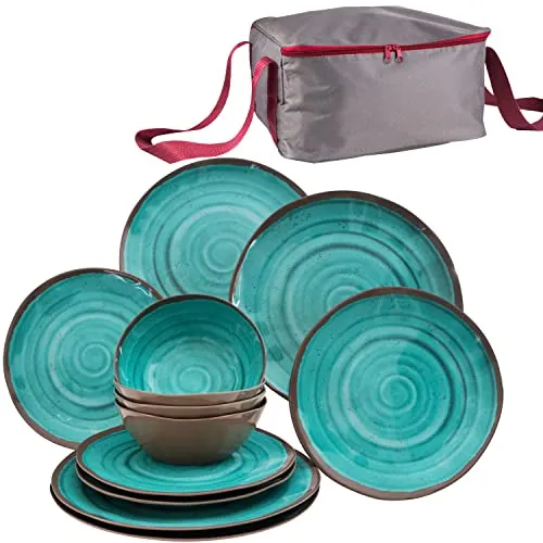 Melamin Camping Geschirr 13 Teile für 4 Personen grün - mit Aufbewahrungstasche - Spülmaschinengeeignet - Essgeschirr Campingzubehör Campinggeschirr Wohnwagen Camping