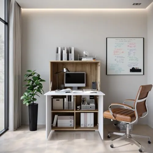 MINIO Sekretär VEVE OFFICE 90 mit LED-Beleuchtung – Sonoma Eiche / Weiß Hochglanz