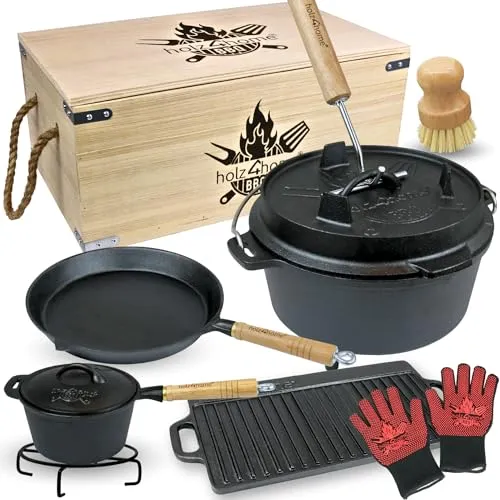 holz4home® 9-teiliges Dutch Oven Set - Gusseisen Feuertopf in Holzkiste - Dutch Oven Set mit 4,3L Feuertopf aus robustem Gusseisen für gleichmäßige Wärmeverteilung. Ideal für Braten, Grillen und Backen – vielseitig einsetzbar über offenem Feuer, Herd oder im Backofen.