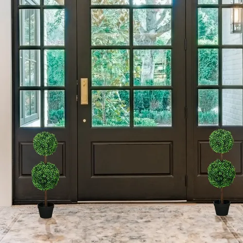 HOMCOM Künstliche Pflanzen 2er-Set Buchsbaum 90 cm Kunstpflanze mit Doppel-Kugel