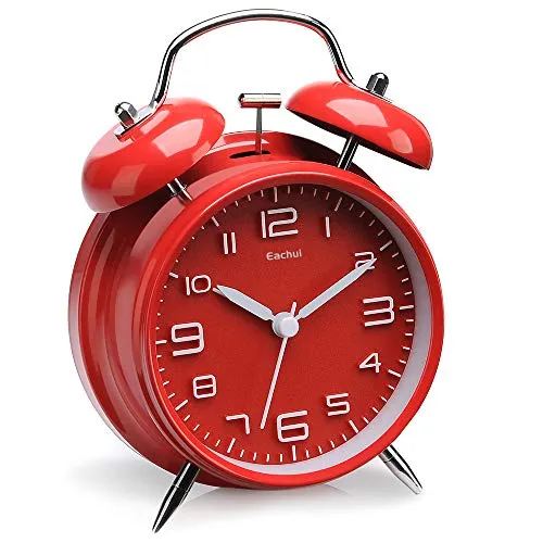 Eachui Doppelglockenwecker mit Nachtlicht, großes Zifferblatt von 4 Zoll, Analog Quarzwecker mit lautem Alarm,kein Ticken, geräuschlos (Rot)