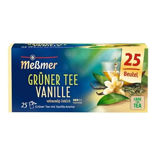 Meßmer Grüner Tee Vanille | 25 Teebeutel - Erlebe den zarten Genuss von unfermentiertem Grünem Tee mit einer feinen Vanillenote. Ideal für Teeliebhaber, die auf vegane und glutenfreie Produkte Wert legen. Nachhaltig verpackt und zertifiziert.