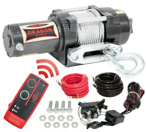 Dragon Winch Elektrische Seilwinde Highlander I 12V I 3000 lbs (1360 kg), mit Stahlseil 15m für Off-road Quads, ATV, UTV | Wasser- und Sandfest einschließlich kabelloser Fernbedienung + Winde Zubehör