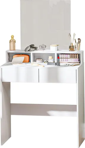 HOMCOM Schminktisch mit Spiegel, Kosmetiktisch mit 2 Schubladen und 3 Fächern, modernes Design, fürs Schlafzimmer, 75 x 38 x 135 cm, Weiß