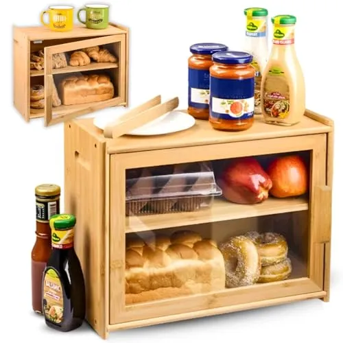 ZOLTA - Brotkasten 40x31x20 cm - Lebensmittelecht - Schrank Regal Vitrine Für Küche - für Brötchen und Gebäck - Brotbox mit Regal - Natürlich Bamboo - Universal Organisator Gewürzregal