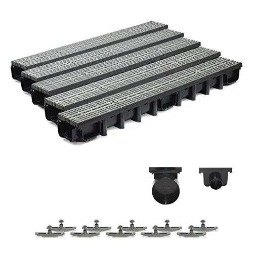 5m Entwässerungsrinne für modulares System A15 98mm, komplett Stegrost Kunststoff, Grau Line