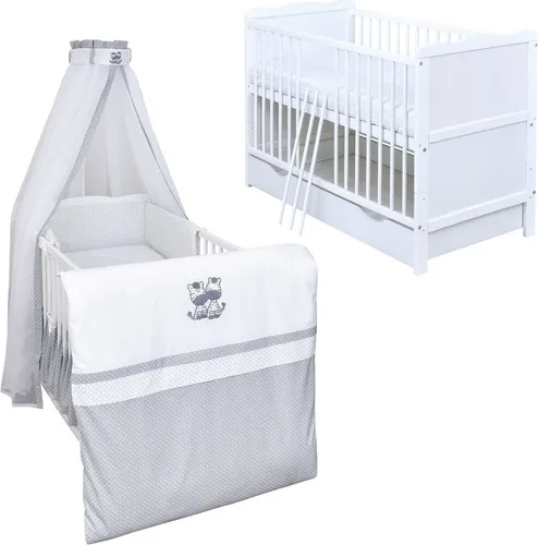 Baby-Delux Babybett Kinderbett Jack 140×70 weiß inkl. Schublade Bettwäsche komplett Set Zebra