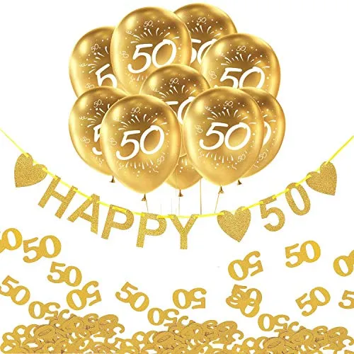 Oblique Unique® 50. Geburtstag Goldene Hochzeit Party Feier Deko Set - Happy 50 Girlande + Luftballons Zahl 50 + Konfetti Zahl 50 - Gold Weiß