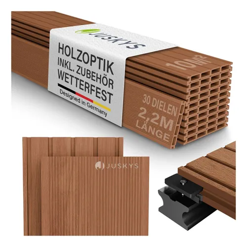 Juskys WPC Terrassendielen 10 m² - Teak, wetterfest und langlebig - Verwandle deinen Außenbereich mit diesen 10 m² WPC-Terrassendielen in edlem Teak-Look. Ideal für den Garten, bieten sie eine stilvolle und pflegeleichte Lösung für entspannende Stunden im Freien.