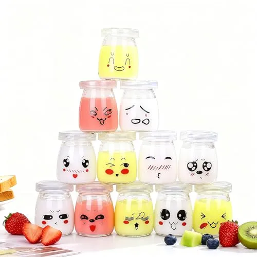 Flliberté 12 JoghurtGläser mit Deckel, 100ml Desert Gläser set Glas, kleine Dessertgläser für Dessert, Nachtisch, Puddings - für Thermomix TM5/TM6 Varoma