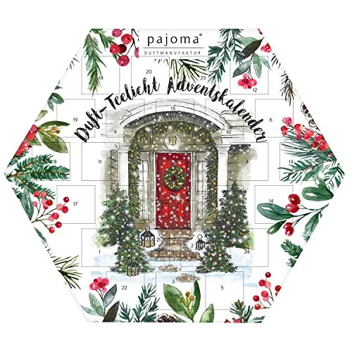 pajoma® Duftteelicht Adventskalender, sechseckig | 24 Teelichte in 6 Sorten - Teelichter Adventskalender mit 24 duftenden Teelichtern in 6 Sorten und einem eleganten Glas-Halter. Perfekt für stimmungsvolle Adventszeit und als Geschenk.