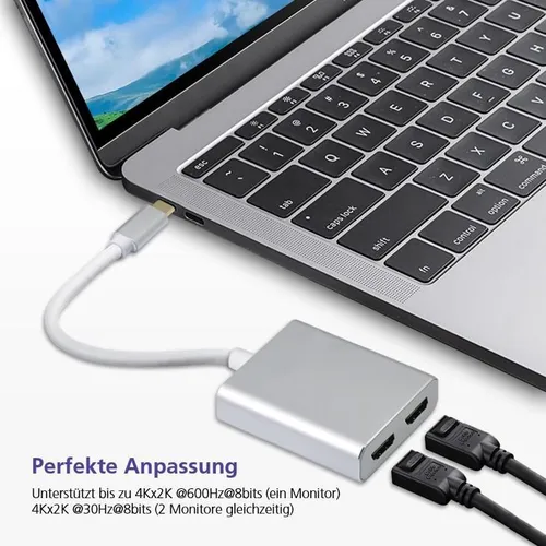 Helos 24 Pin USB-C zu HDMI Splitter - 4K Unterstützung - HDMI-Kabel & Videokabel, ideal für hochauflösende Videoübertragungen mit kompaktem 10 cm Design und eleganter silberner Optik.