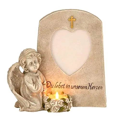 Grabschmuck Engel neben Trauerstein mit Foto Fenster Teelicht und Aufschrift Du lebst in unseren Herzen Grabdekoration