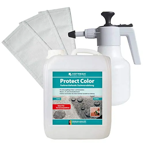 HOTREGA Protect Color Farbvertiefende Steinveredelung - 5L Imprägnierung für Natur- & Kunststeine - Spezialputzmittel zur langanhaltenden Steinveredelung und -imprägnierung. Schützt effektiv vor Feuchtigkeit, Öl und Schmutz, während die Farbe intensiviert wird. Ideal für Terrassenplatten und saugfähige Steine.