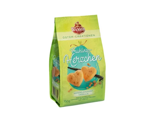 Wicklein Schokolade, Wicklein Frühlingsherzchen Mandelkrokant mit feiner Vanille 150g