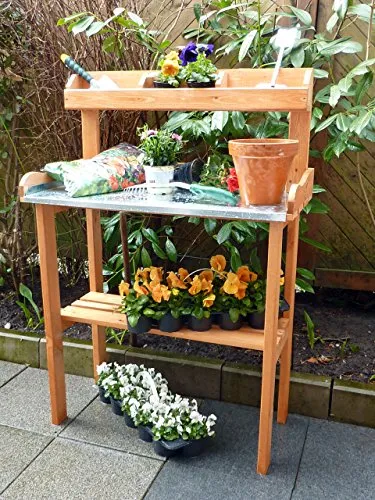 Pflanztisch mit verzinkter Arbeitsfläche - 84 x 38 x 130 cm - Gewächshäuser & Frühbeete - Robuster Pflanztisch aus imprägniertem Holz mit wetterfester verzinkter Arbeitsfläche für langlebigen Einsatz im Garten.