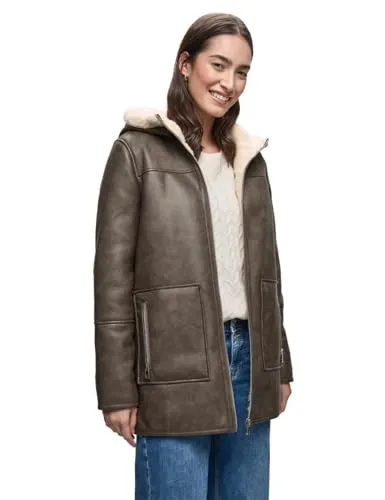 Street One Leder-Look Jacke Sandy Mocca 34 - Funktionsjacken mit Kapuze, seitlichen Zipper-Taschen und stylischen Fake Fur Details für einen trendigen Look und optimalen Tragekomfort.