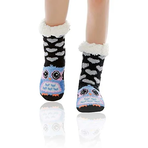 WOTENCE Hausschuhe Socken Damen Wollsocken Wintersocken Soft Warm Niedlichen Tier Winter Anti-Rutsch Socken Damen Thermosocken (Eule)