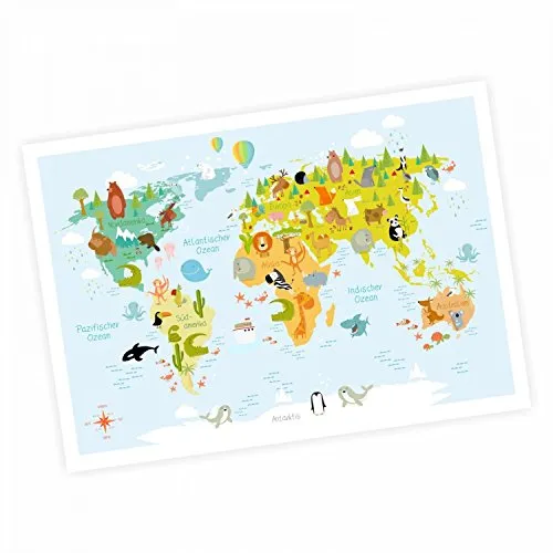 nikima - Kinder Weltkarte modern in 3 Größen A3/A2/A1 Poster Plakat Tiere Erde Wandbild Kinderzimmer schöne Wanddeko Kontinente niedliche Tiere - DIN A3-420 x 297 mm