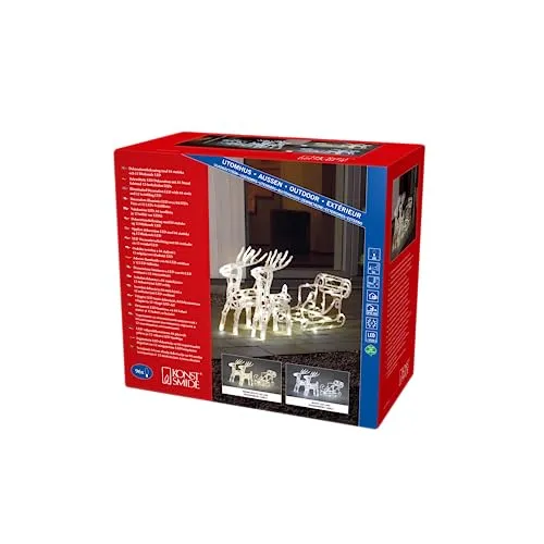 Konstsmide LED Acryl-Set Schlitten mit 2 Rentieren - Lampen für den Außenbereich mit 96 warm weißen LEDs, energiesparend und festlich beleuchtet durch 84 statische und 12 funkelnde Dioden.