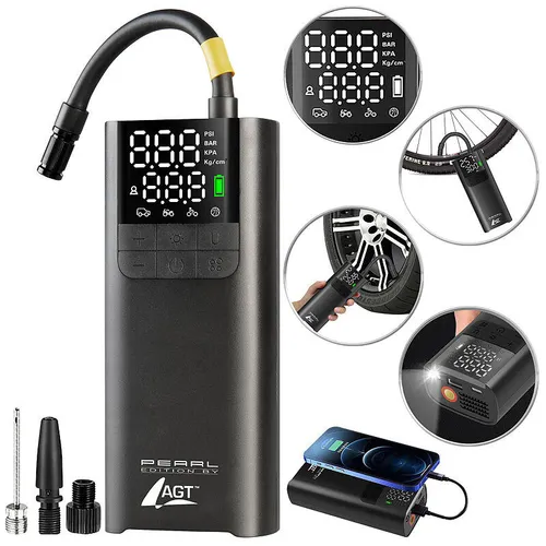 AGT Akkucompressor: Akku-Kompressor mit LED-Display und 150 psi - Mobile Kompressoren & Luftpumpen - Ideal für Reifen und Bälle, mit Powerbank-Funktion zum Aufladen von Geräten unterwegs und automatischer Druckabschaltung.