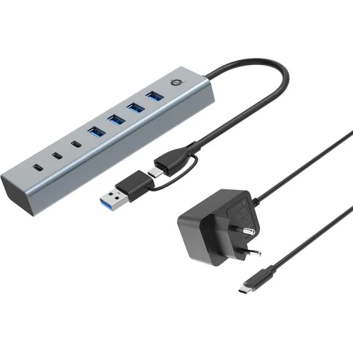 CONCEPTRONIC USB-Hub 7-Port 3.2/C->4x3.0 3xUSB-C - Sonstige, 7-Port USB-Hub mit Netzteil für schnelle Datenübertragung und flexible Anschlussmöglichkeiten, ideal für Multitasking.