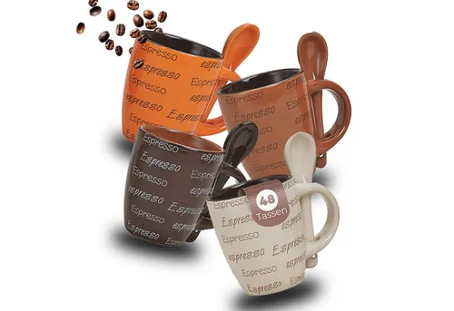 matches21 HOME & HOBBY Tasse Espresso-Tassen mit Löffel 48 Stk. dickwandige Keramik, 50 ml, 48-tlg., Keramik, Kleine Vintage Henkel Kaffee-Tassen mit Spruch ohne Untertassen
