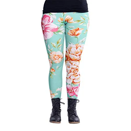 cosey - Bunte Bedruckte Blumen-Leggings (Einheitsgröße) - Design Minze und Blumen