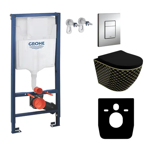 GROHE Vorwandelement Solido + Wand Hänge WC Sofi Slim Black Night Schwarz Spülrandlos + WC-Sitz SoftClose | Verchromter Knopf | Komplettset | Unterputz Spülkasten | Toilette Komplett Sett
